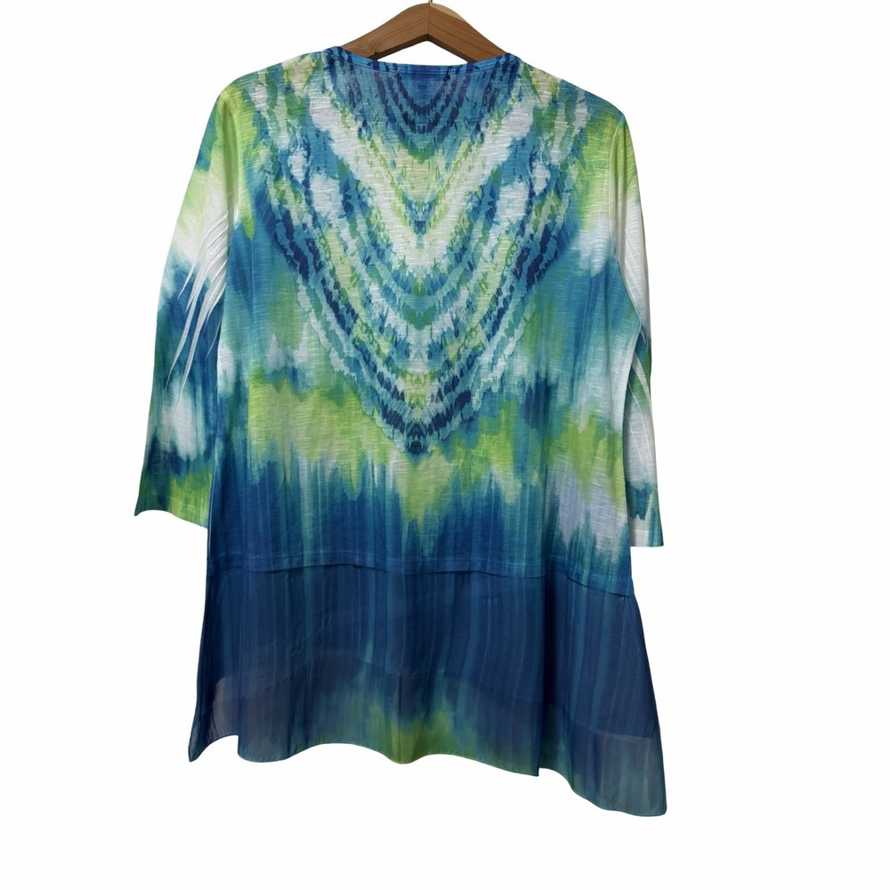 Jess & Jane Rhinestone Tie Dye Top Size L Blue Lightweight‎ Artsy 3/4 Sleeve NEW - Picture 2 of 9